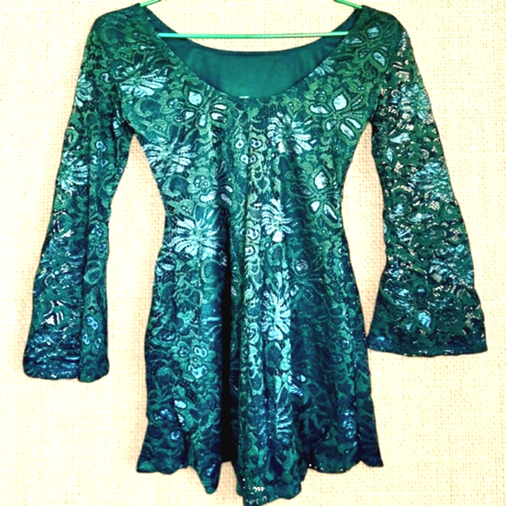 MI AMI Dark Green Lace Dress Mini Bell Sleeve Whimsygoth Fairygoth Forest Sz S - Picture 5 of 10